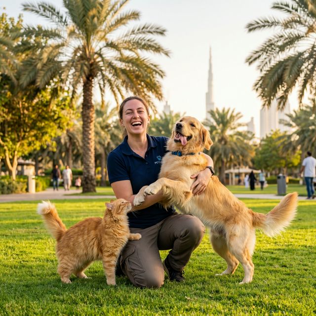 A happy pet sitter playing with a golden retriever and a cat in a Dubai park.